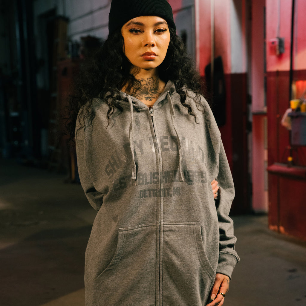 Established in '99 Varsity Zip Up Hoodie (Grey) Model